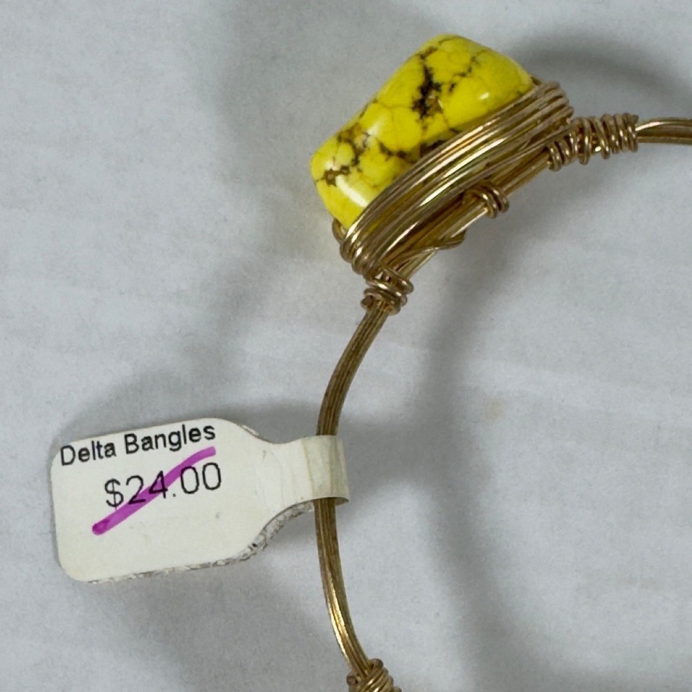 Gold Tone Wire Wrapped Bangle Bracelet with Yellow Turquoise Stone Beads - Picture 4 of 5
